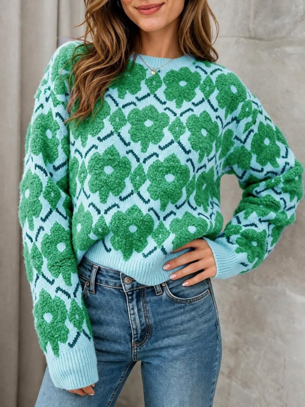 Women's Green Floral Crewneck Long Sleeve Oversized Knit Casual Winter Sweater - Picture 3 of 6